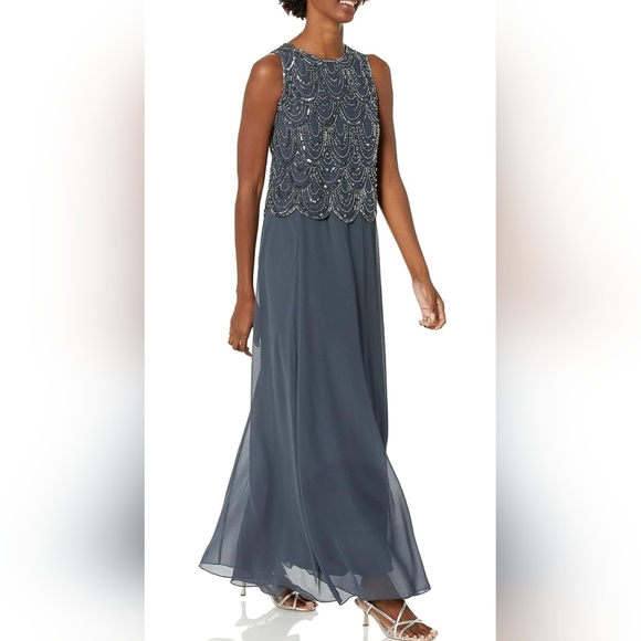 J Kara Women's Plus Size Sleeveless Beaded Pop Over Long Dress with Scarf Sz 16W - Picture 4 of 17